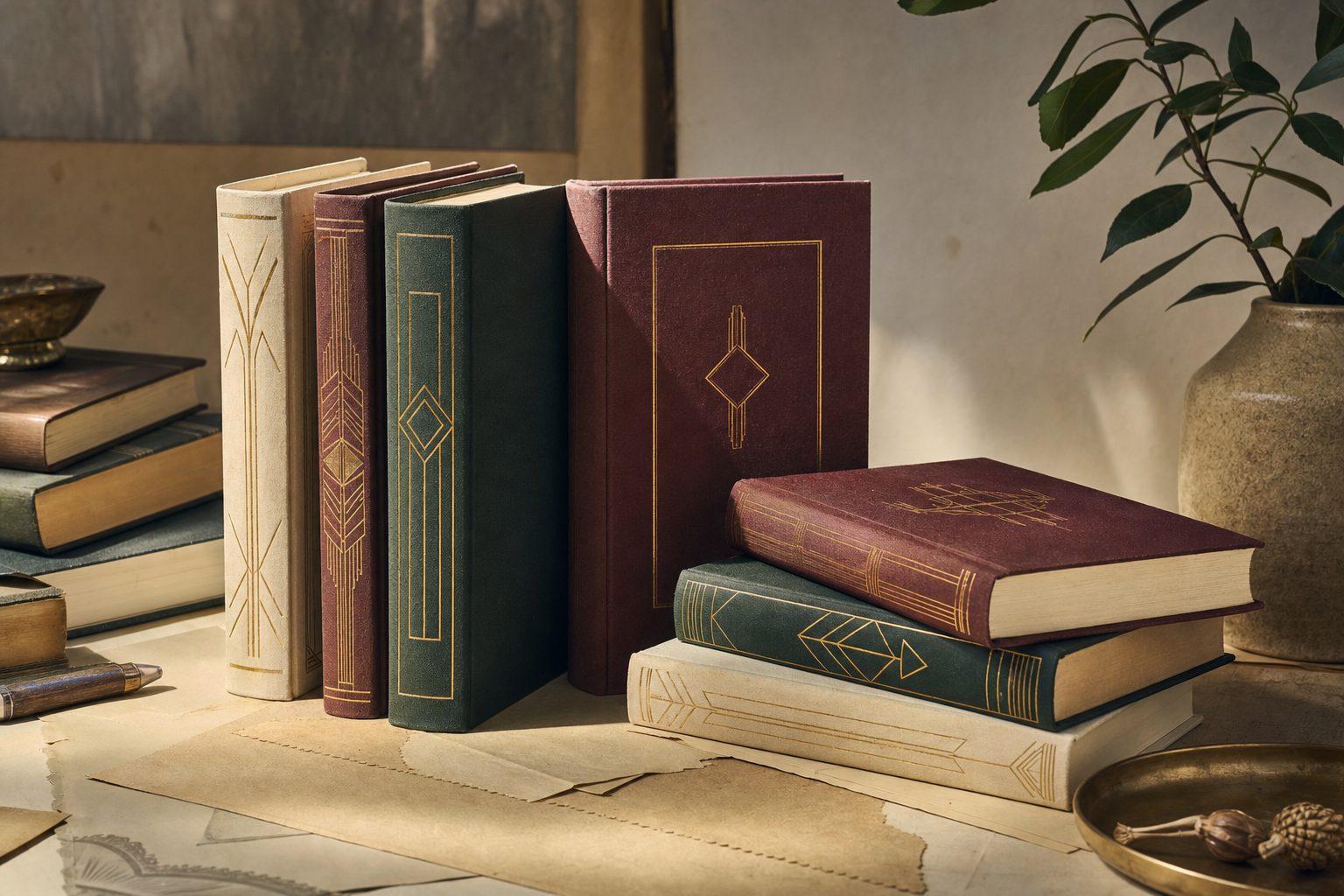 Three vintage Art Deco hardcover books arranged on cream paper, with gold geometric foil stamping on the covers