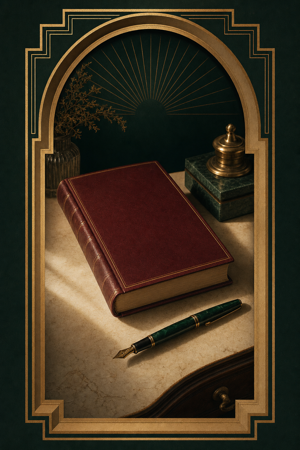 Editorial Art Deco still life: a deep maroon leather-bound book with a dark green marbled fountain pen resting across it, framed by an ornate gold Art Deco arched panel with stepped corners, gilded sunburst rays, and a fan finial, on a hunter-green background