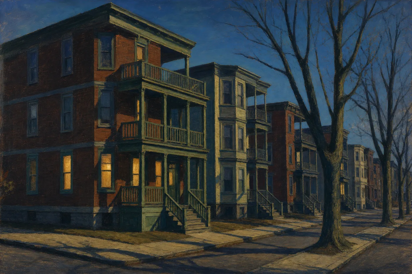 Painting in the manner of Edward Hopper: Boston triple-decker houses on a quiet tree-lined street at dusk.