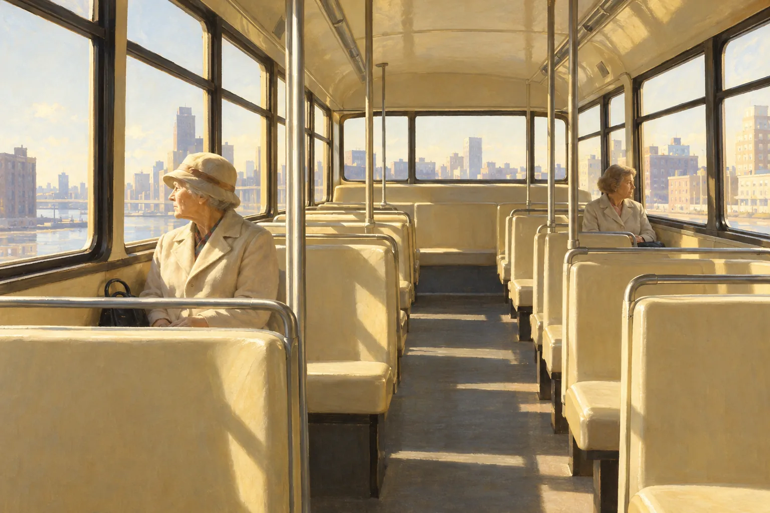 Painting in the manner of Edward Hopper: A nearly empty city bus in bright morning light, with two elderly women seated apart and sunlight filling the interior.