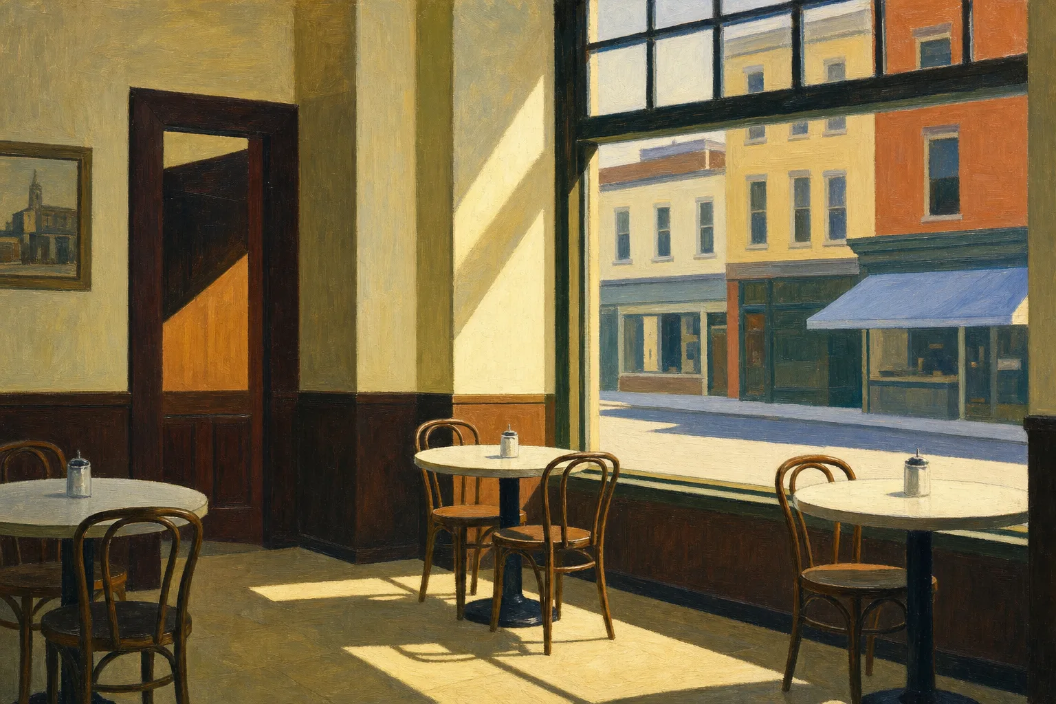 Painting in the manner of Edward Hopper of a bright empty cafe with morning light pouring through a storefront window