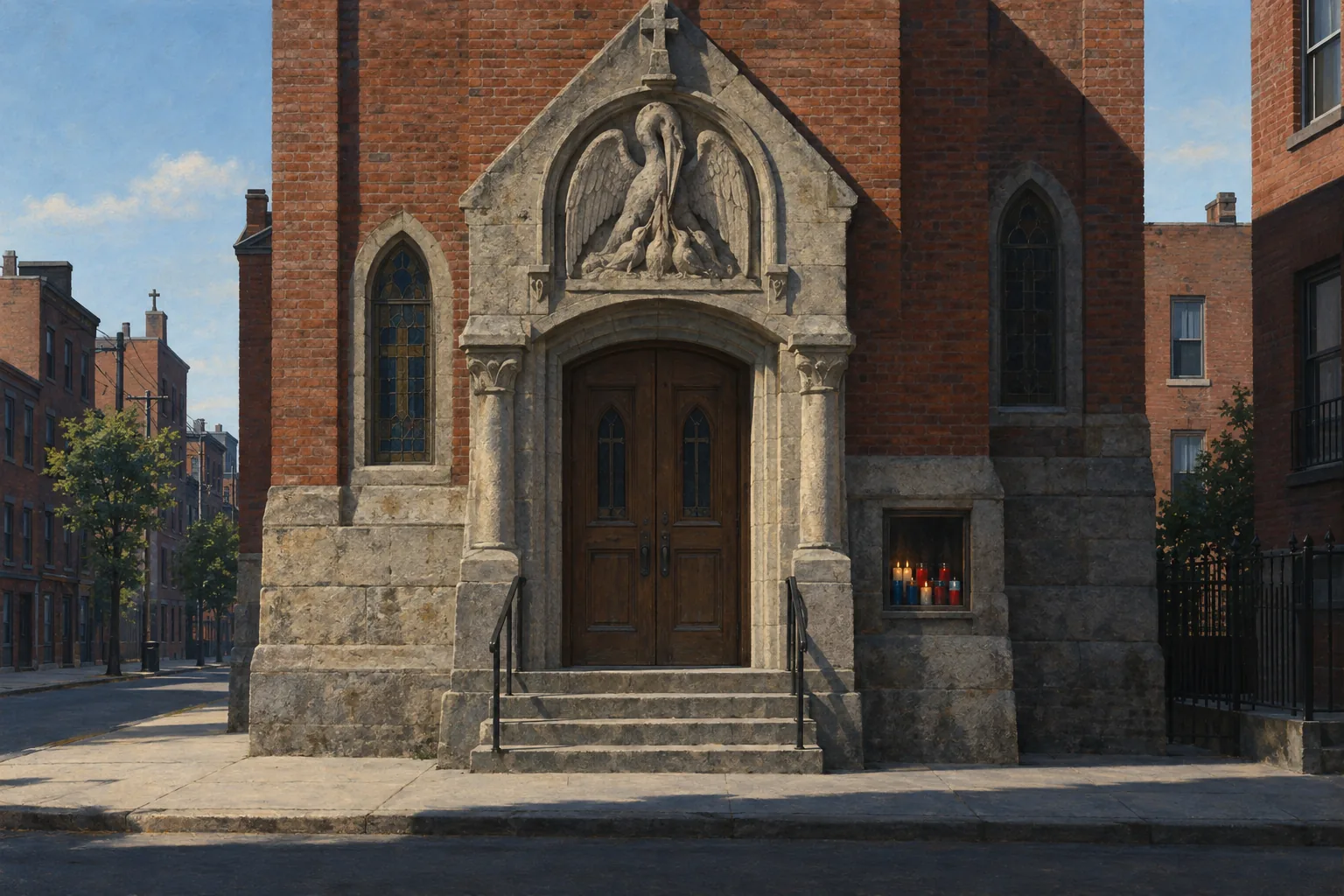 Painting in the manner of Edward Hopper: A weathered stone pelican emblem above the door of a modest working-class Catholic parish church.