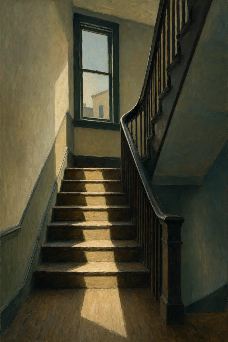Painting in the style of Edward Hopper of a narrow stairwell with a bright window of light on the landing