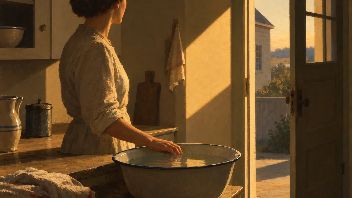 Painting in the style of Edward Hopper of a warm slant of late-afternoon light across a modest kitchen, a hand resting on a basin of water near an open doorway