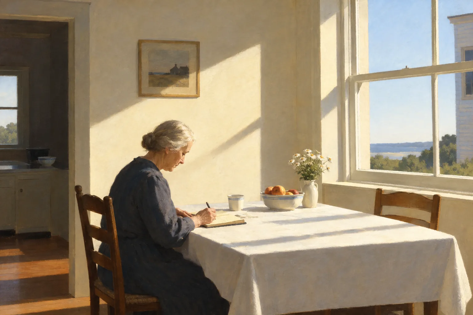 Painting in the manner of Edward Hopper: An elderly woman writing in a ledger at a kitchen table in bright midday light, sunlight flooding through a large window.