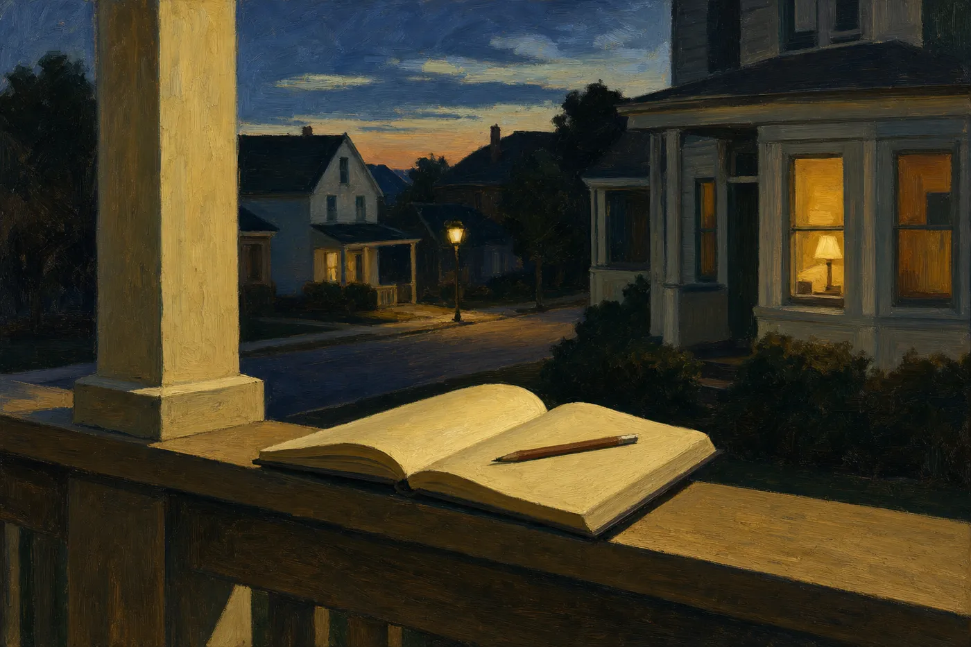 Painting in the manner of Edward Hopper: An open notebook and pencil resting on a porch railing at dusk.