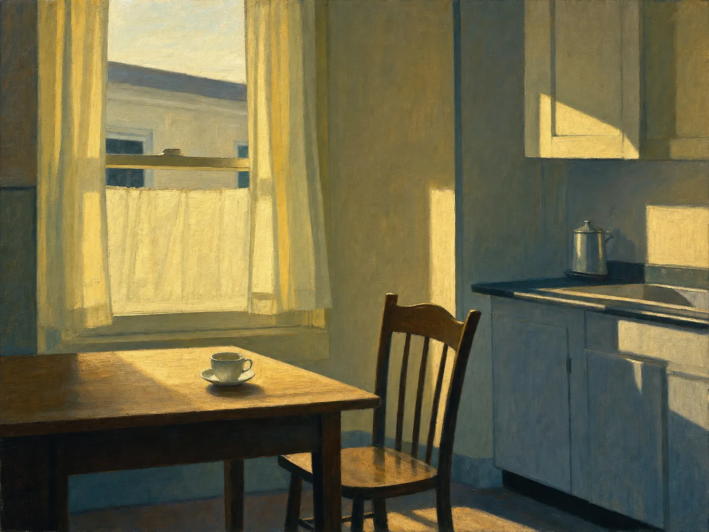 Painting in the manner of Edward Hopper: An ordinary kitchen filled with warm early morning light.