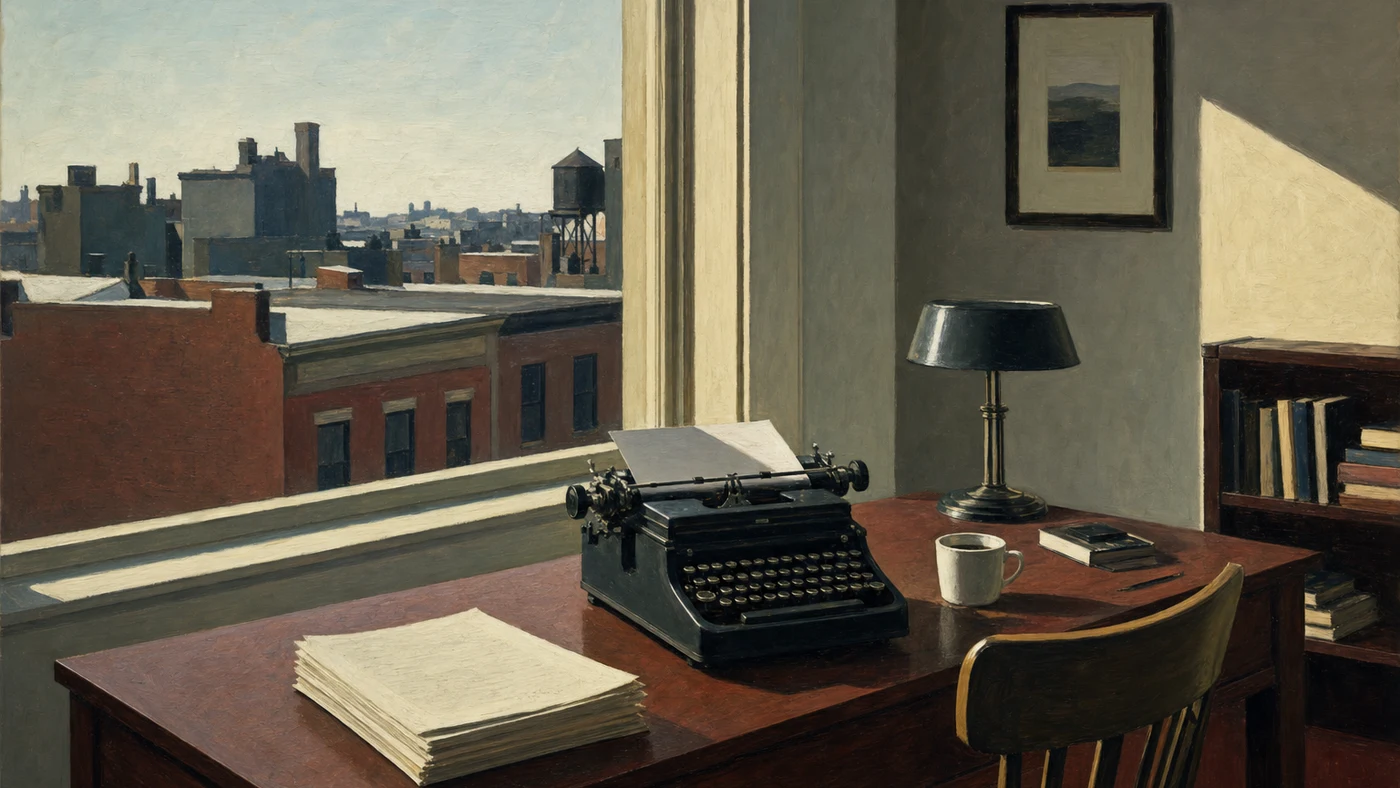 Painting in the manner of Edward Hopper: A writer's study with a typewriter beside a window overlooking city rooftops.