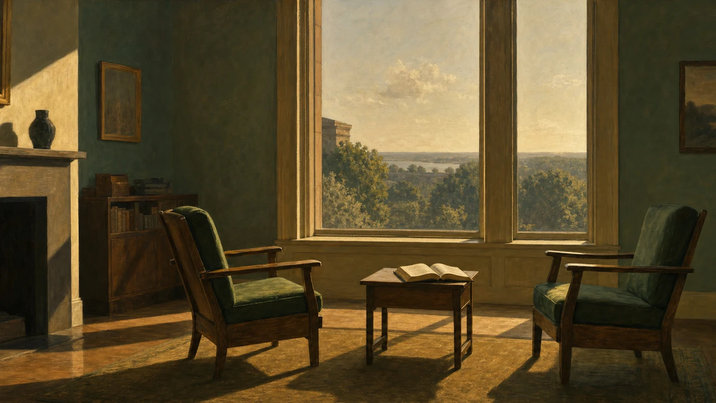 Painting in the manner of Edward Hopper: Two armchairs facing each other beside a tall window in a quiet study.