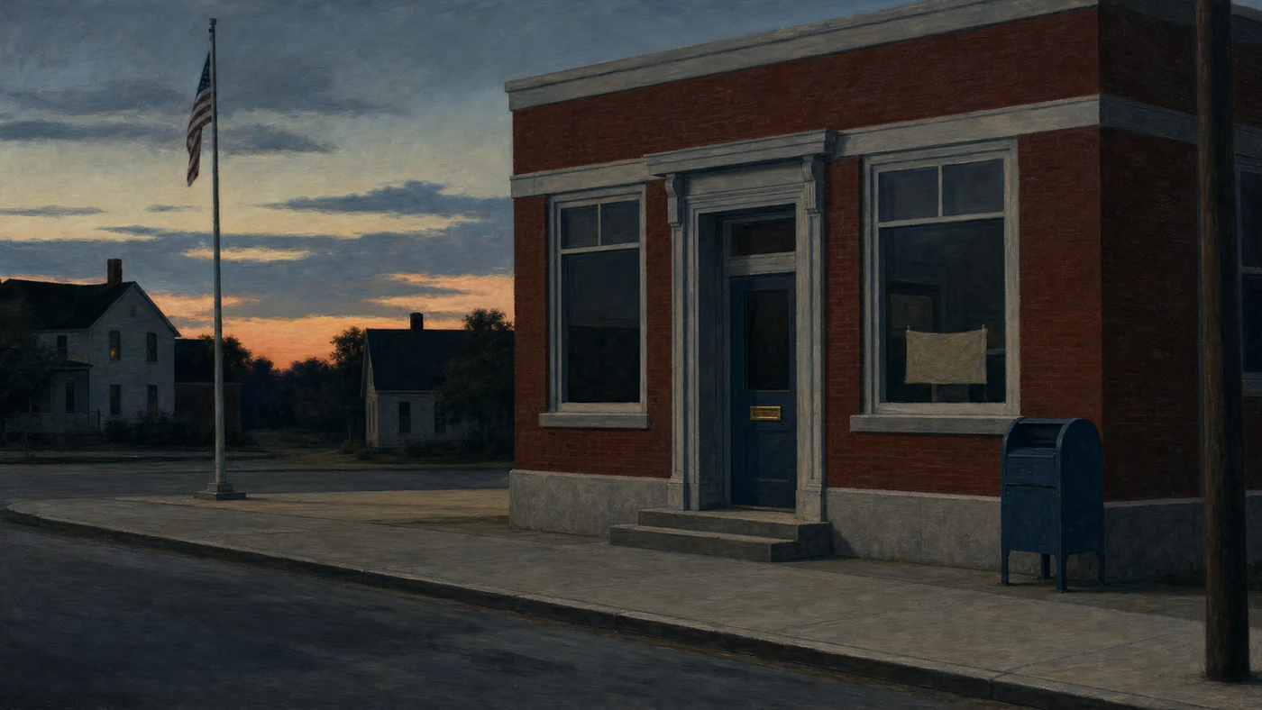 Painting in the manner of Edward Hopper: A small-town post office with its lights off at dusk.