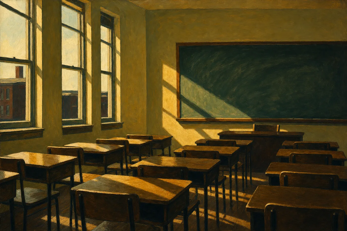 Painting in the manner of Edward Hopper: An empty classroom with rows of wooden desks lit by late afternoon sun.