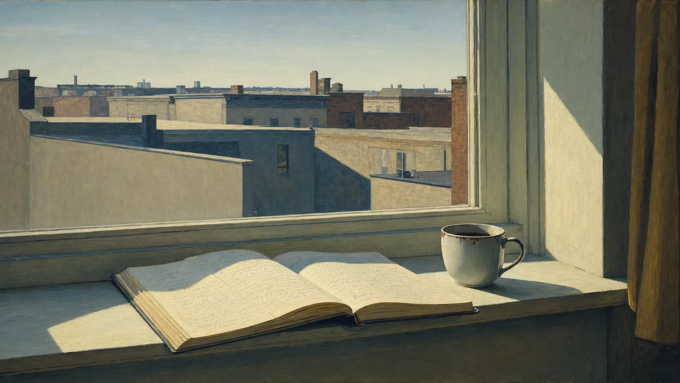 Painting in the manner of Edward Hopper: An open handwritten notebook on a windowsill with morning light over city rooftops.